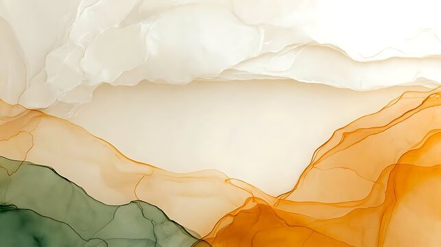 Abstract watercolor background with flowing layered translucent shapes in warm orange, green, and cream tones