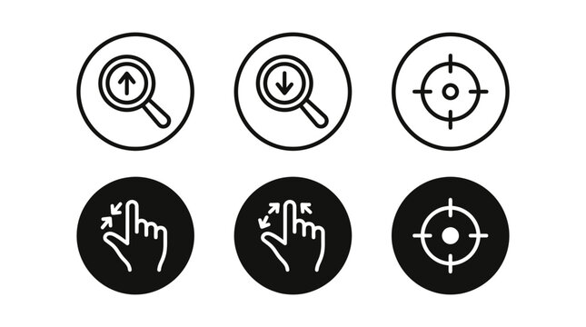 Digital UI icon collection for magnification touch gestures and target focus with interface magnification navigation