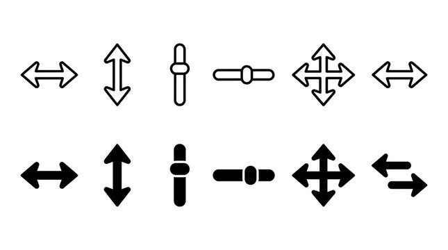 Collection of various directional arrows and slider interface control icons in vector format with adjustment, interface