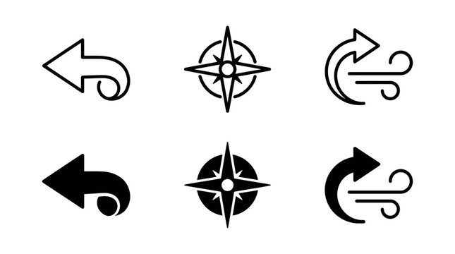 Set of minimalist linear and solid black navigation icons including undo arrow, compass rose and wind movement