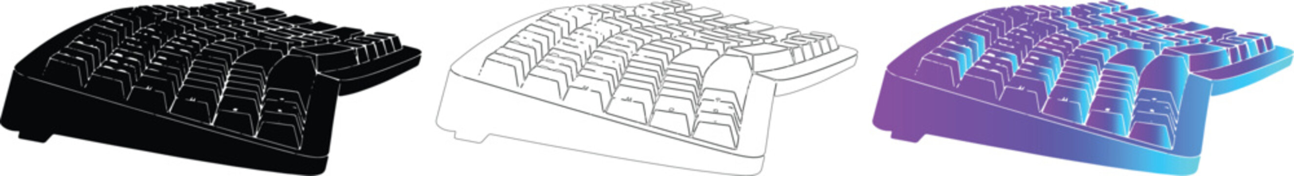 Ergonomic mechanical keyboard vector icon set with transparent background