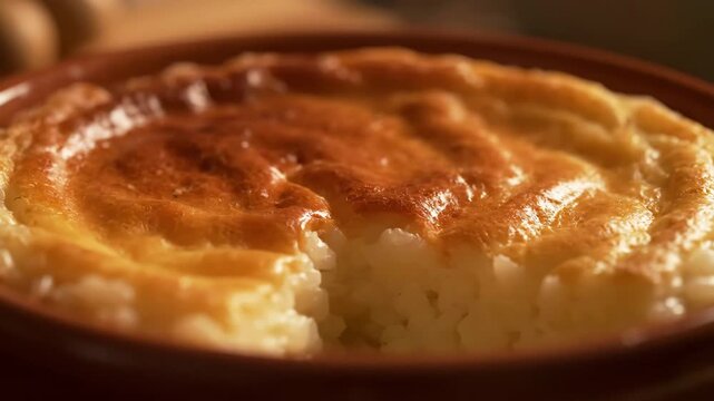 Delicious creamy baked rice pudding (Arroz con Leche) served warm in a traditional rustic ceramic bowl, highlighted by a rich, golden-brown caramelized crust.