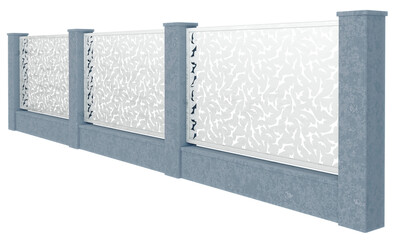 Fototapeta premium high-quality 3d realistic render of a perspective view depicting a continuous architectural boundary wall with three white decorative laser-cut openwork panels and precast concrete pillars