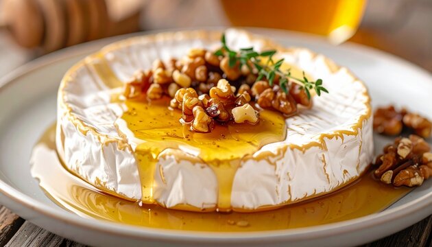 A delicious dessert featuring brie cheese topped with nuts and honey on a plate.