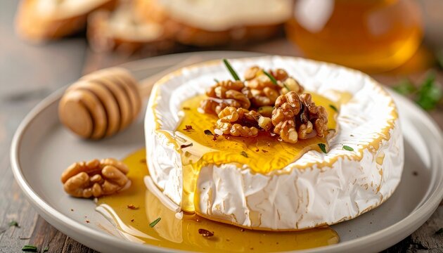 A delicious baked brie cheese with honey and walnuts on a plate.