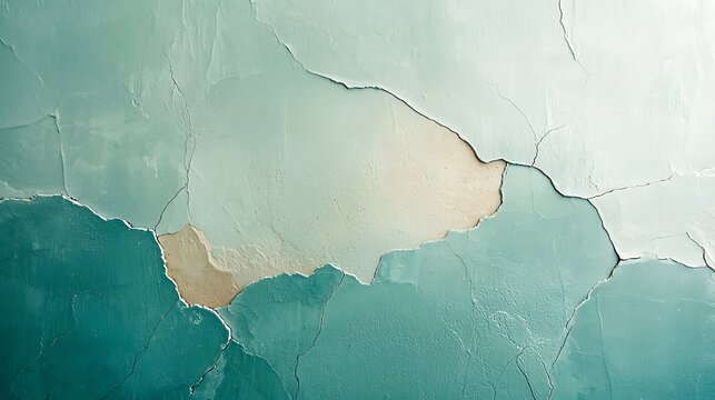 Abstract photo of cracked green and beige painted wall with peeling paint and textured surface, showing multiple layers and imperfections
