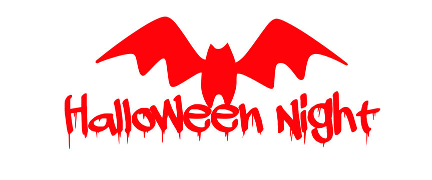 Halloween Night text with red bat silhouette, spooky dripping font for holiday party invitation, creepy red bat graphic on white background