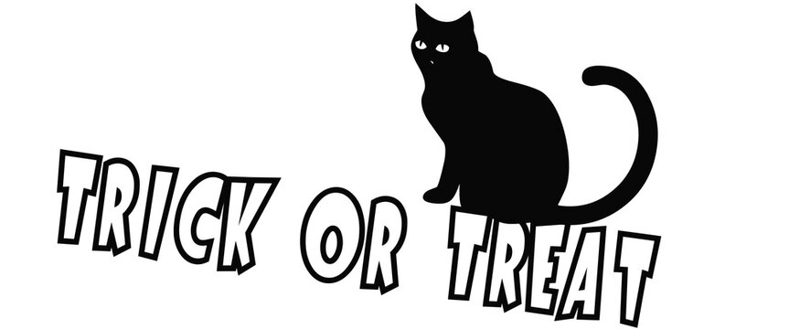 Halloween black cat silhouette with Trick or Treat text, spooky feline holiday graphic, minimalist black and white seasonal illustration