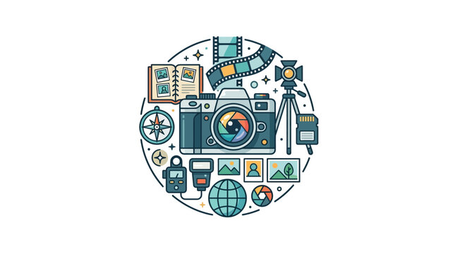 Photography and Travel Equipment Icon Set Circular Composition