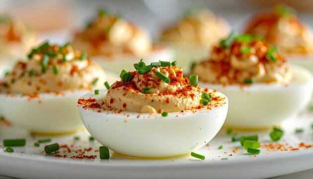 Deviled eggs garnished with herbs and spices on a white plate indoors closeup