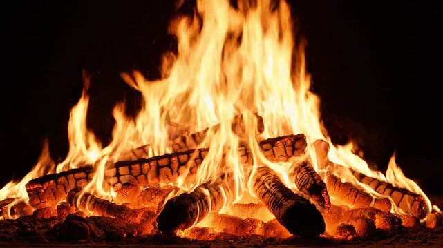 Bright orange bonfire burning with wooden logs at night outdoors