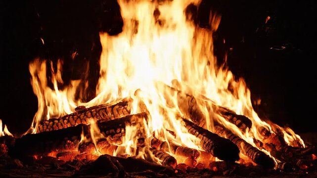 Bright Campfire Burning with Glowing Embers at Night Close Up
