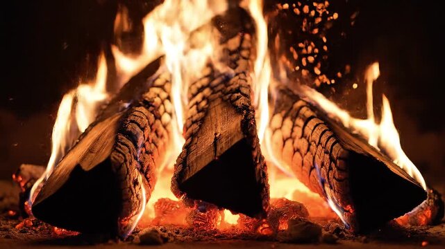 Bright Orange Flames Burning Wood Logs in a Cozy Indoor Fireplace