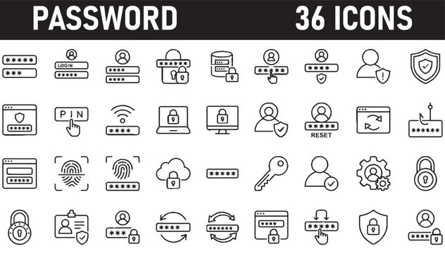 Password security icons: login pin digital access graphics password