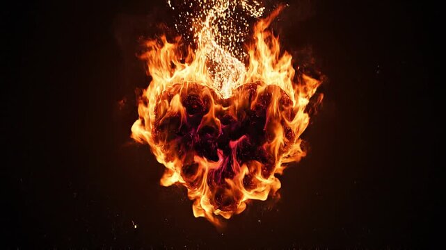 Burning Heart Shape Made of Bright Orange Flames with Flying Sparks