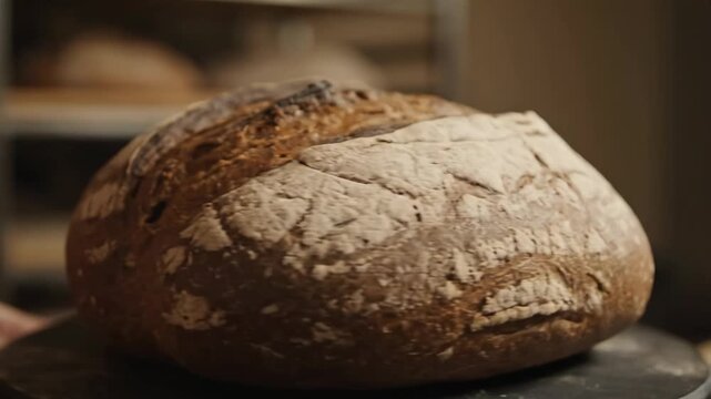 Close up of a freshly baked, artisanal sourdough bread loaf with a rustic dark crust dusted with flour in a warm bakery setting.