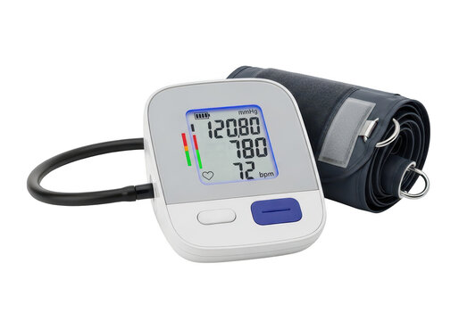 Digital blood pressure monitor with arm cuff isolated on transparent background