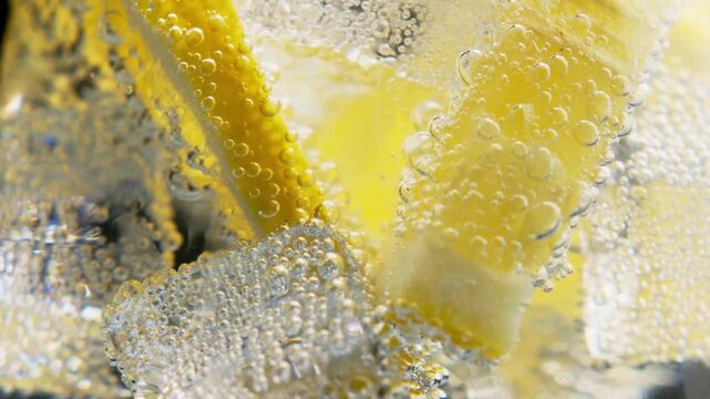 Slow-motion video of soda bubbles effervescing around fresh yellow citrus fruit and ice cubes.
