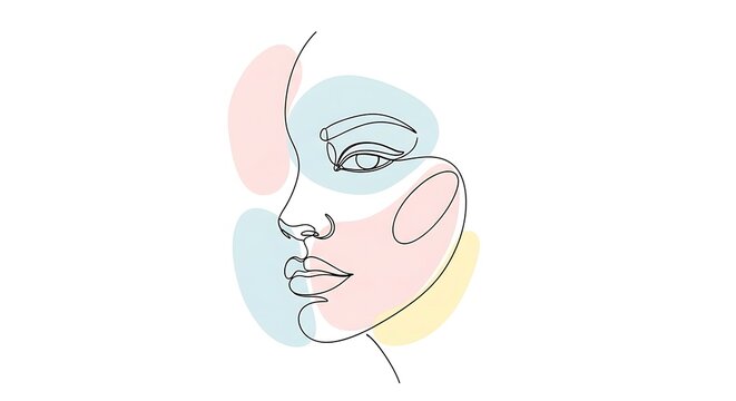 Woman silhouette rendered in a minimalist continuous line art style features elegant facial features and soft pastel color splashes on a clean white background to represent modern beauty themes.