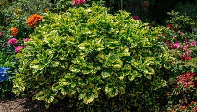 Aucuba japonica 'Picturata'; variegated spotted laurel, evergreen bush