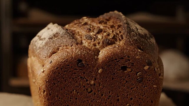 Cinematic close-up of a fresh, hot multigrain artisan bread loaf with a rustic crust and seeded toppings displayed under moody bakery lighting.