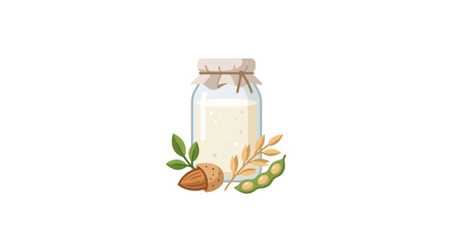 Plant-Based Milk Jar with Almonds Soy and Oats Illustration