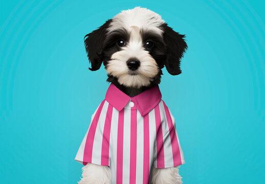 Adorable Puppy Wearing Striped Shirt Mockup PSD