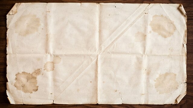 Aged, stained, and creased parchment paper with large brown splotches and faint diagonal lines