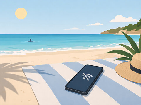 ビーチでスマートフォンを手放しデジタルデトックスを楽しむ夏のリゾートイラスト｜海 オフライン ウェルビーイング マインドフルネス