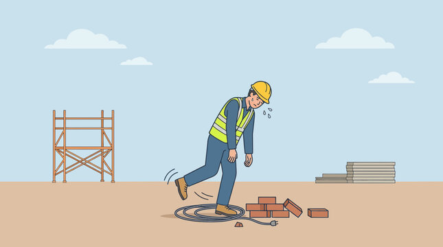 Construction worker tripping over a cable on a hazardous building site, illustrating workplace safety concerns and potential accidents.