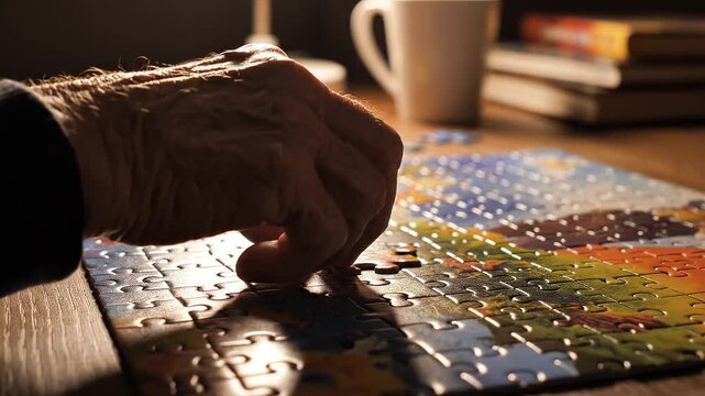 Close-up of an elderly person's hand completing a colorful jigsaw puzzle indoors