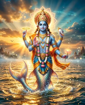 Matsya avatar of lord vishnu rising from the ocean at sunset golden hour