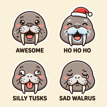 Cartoon walrus faces with expressions.