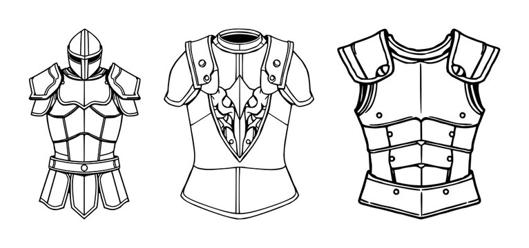 Armour set with medieval and fantasy elements featuring knight helmets, plate gauntlets, and breastplates with greaves and pauldrons
