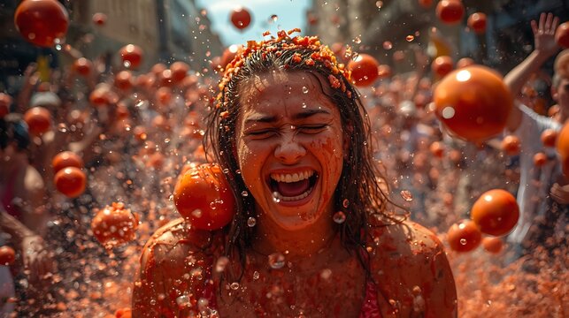 Joyful Woman Celebrating at the Vibrant La Tomatina Festival Spain.