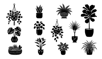 Decorative potted plant silhouettes vector set with hanging and leafy houseplants © MdRabbi