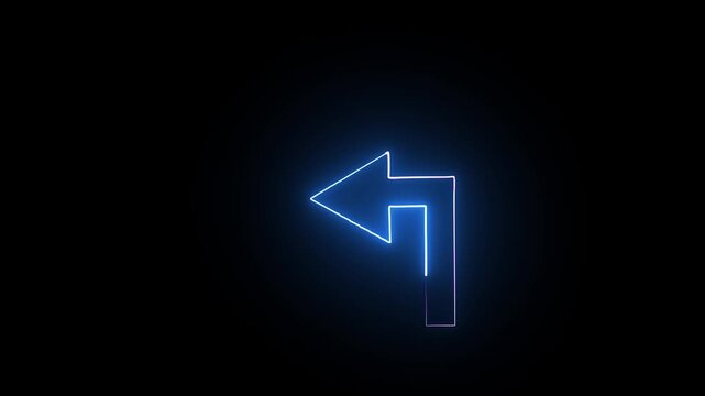 Up left arrow icon animation on black background. Left blue arrow globe neon icon on black background. Night bright advertising.