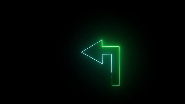 Up left arrow icon animation on black background. Left green and cyan color arrow globe neon icon on black background. Night bright advertising.