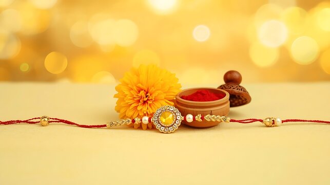 Traditional Rakhi Thread with Marigold Flower and Kumkum Tilak.