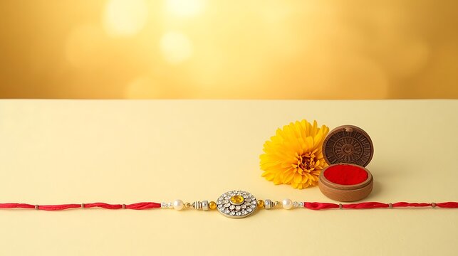 Traditional Rakhi Thread with Marigold Flower and Kumkum Tilak.