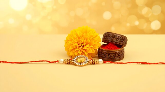 Traditional Rakhi Thread with Marigold Flower and Kumkum Tilak.