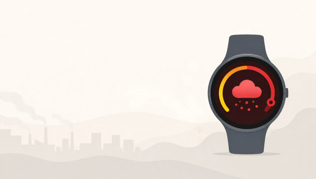 大気汚染レベルを通知するスマートウォッチと環境モニタリングのコンセプトイラスト｜PM2.5 AQI 健康管理 ウェアラブル