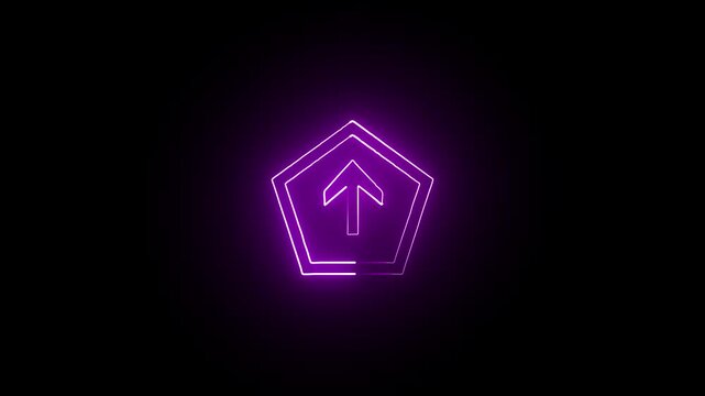 Neon glowing up arrow symbol concept purple color with neon pentagon icon.
