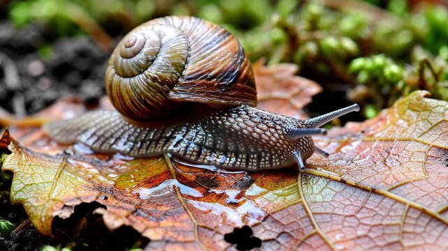 Garden snail moving slowly across a wet autumn leaf in the forest