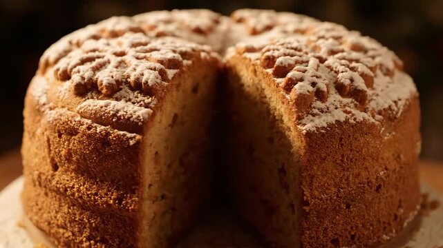 Delicious golden brown sponge cake with decorative crust and dusting of icing sugar, showing internal texture after a slice has been removed.