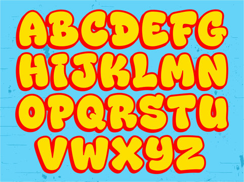 Round bubble alphabet letters in yellow and red on blue textured background playful font.