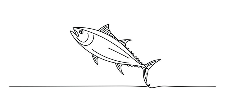 Continuous single line drawing of a tuna fish jumping