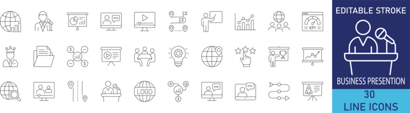 Business presentation and corporate pitch deck line icon set. Vector symbols for keynote slide show, market report analysis, data chart display, and boardroom speech.