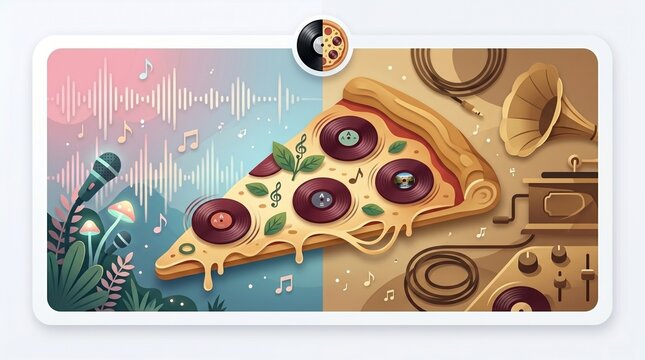 Vector flat design of a surreal pizza slice where the pepperoni pieces are actually small record vinyls spinning, musical food concept