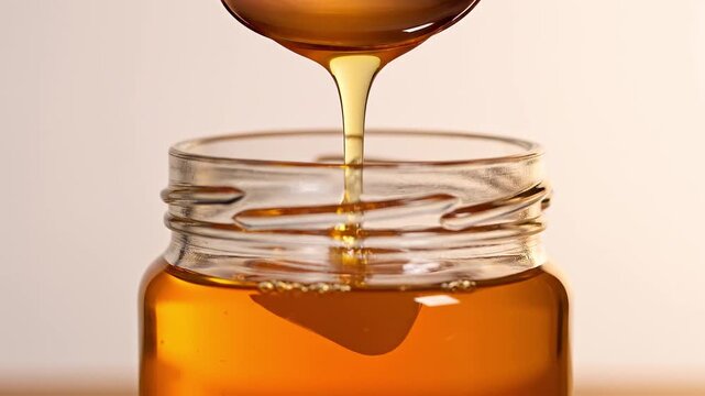 Golden Honey Drips From A Metal Spoon Into A Glass Jar Close Up